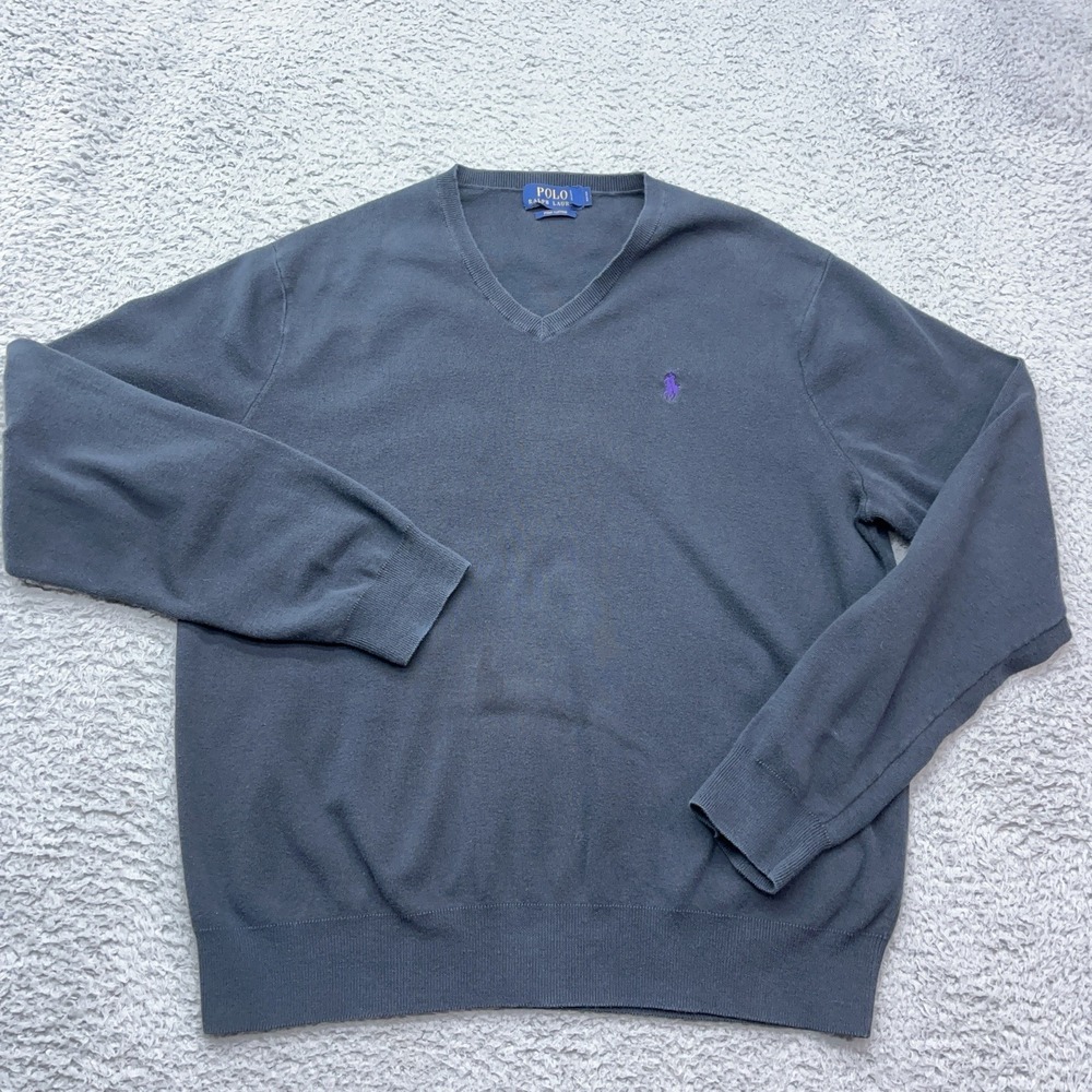 Polo Ralph Lauren V-Neck Sweater Mens Large Pima Cotton Black Purple Pony Preppy